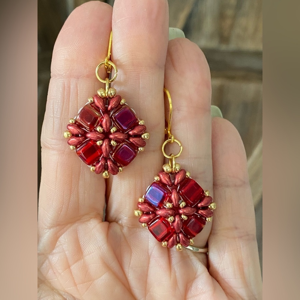 Handmade Ruby Red Czech Glass Bead Gold Tone Drop Earrings